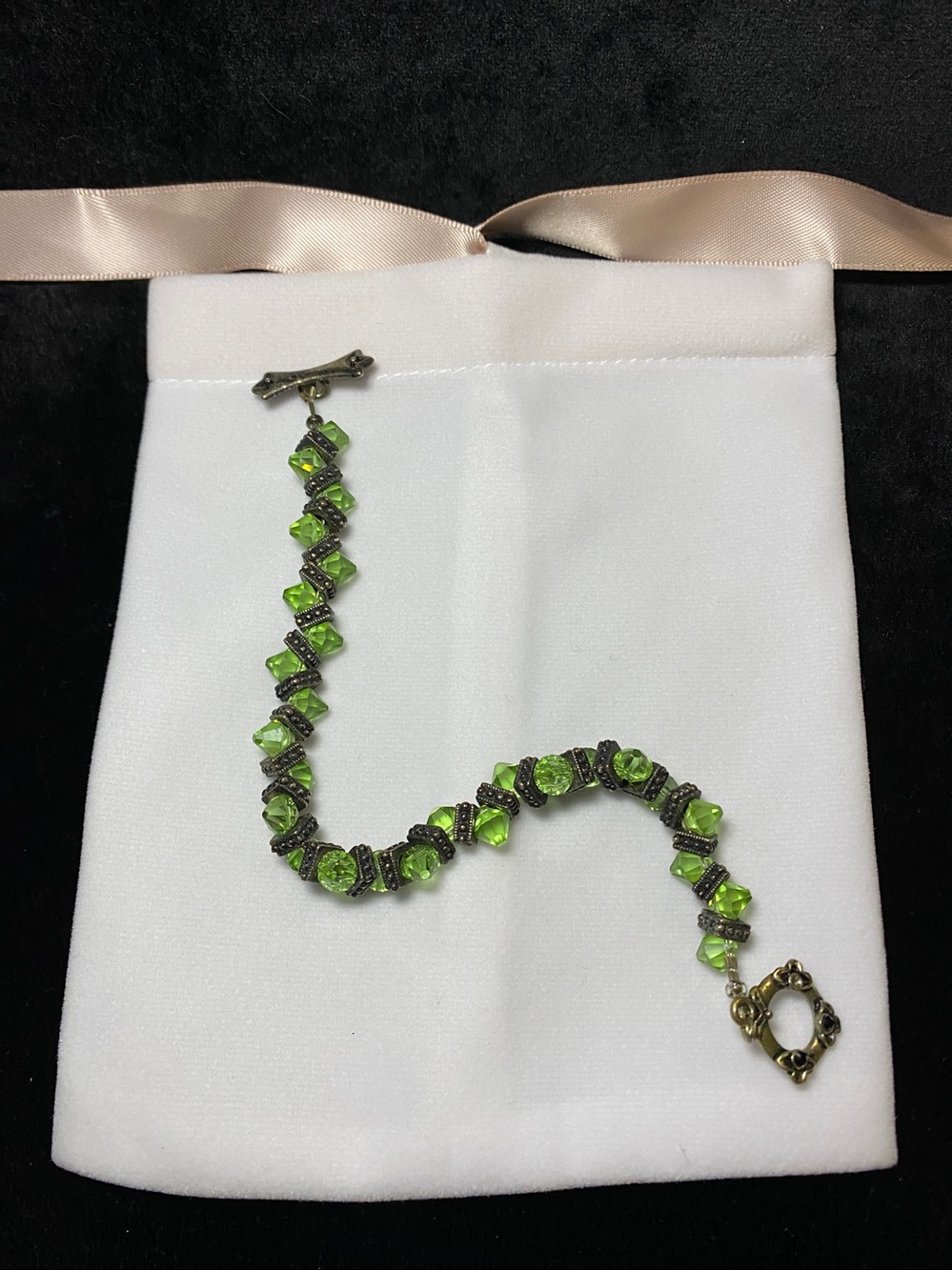 Vintage Green Crystal Bead Bronze Brass Bracelet Toggle August Birth Gift